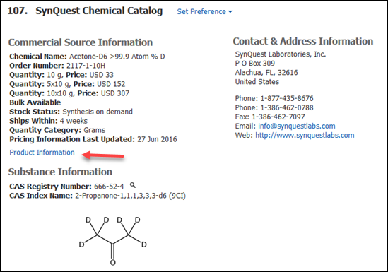 Exemple d'une fiche source CHEMCATS montrant des informations sur la substance