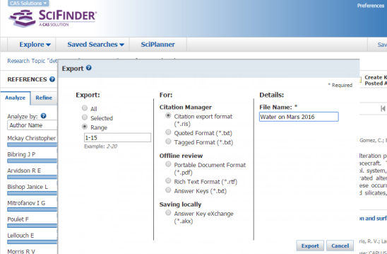 Captura de tela da exportação de referências no SciFinder