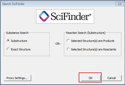 screenshot of SciFinder proxy settings in ChemDraw