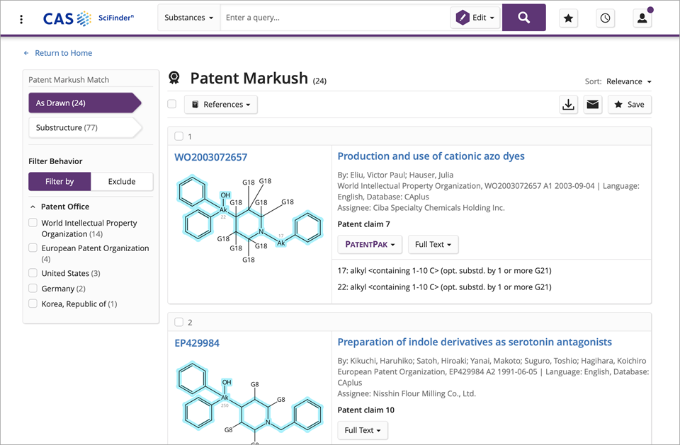특허 마쿠시 검색을 사용하여 일반 구조를 포함한 구조를 찾을 수 있습니다.