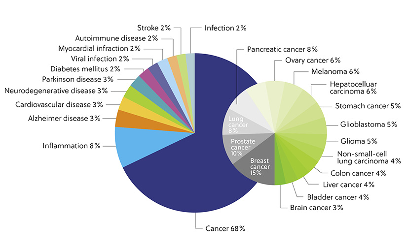 Gráfico circular de temas relacionados con los exosomas en el blog