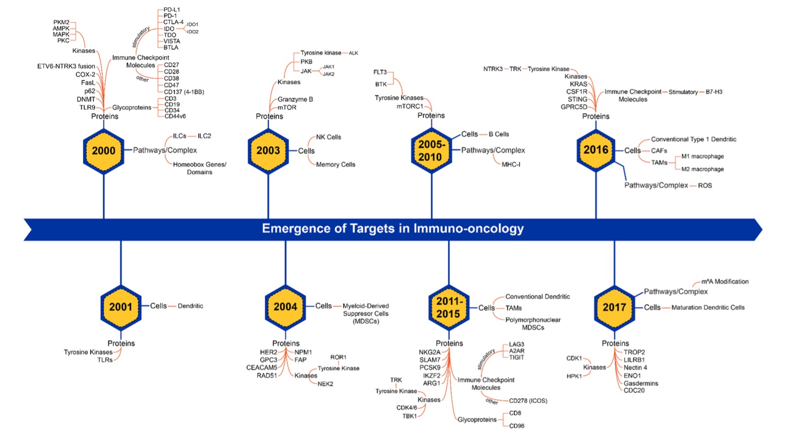 Timeline of emerging targets in immuno-oncology