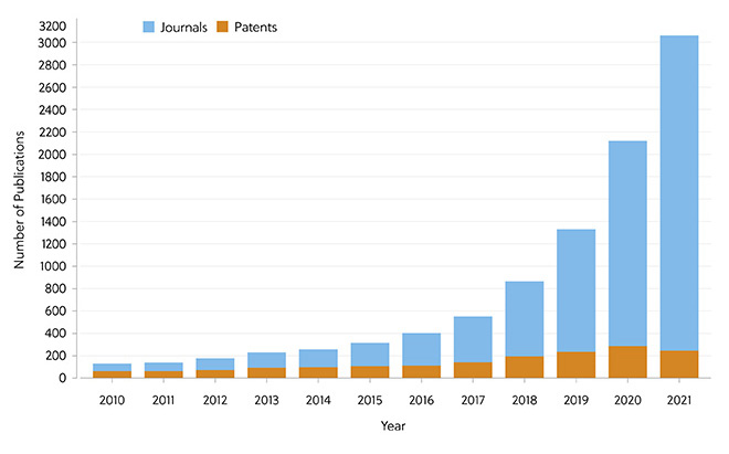 図2  学術論文と特許の出版トレンド、2010年～2021年 