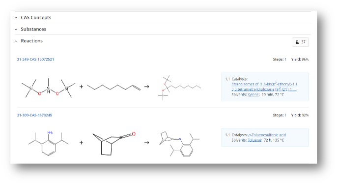 Screenshot of a new accordion presented with indexed reactions sorted by yield