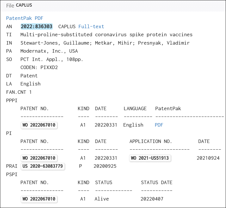 STNextのCAplusレコードのサンプル表示