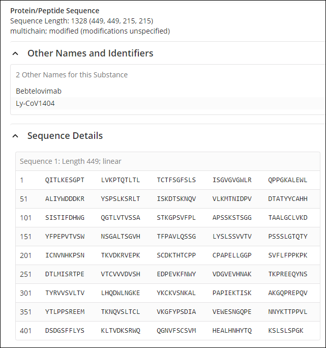 Portion of the Bebtelovimab protein sequence display from CAS SciFinder