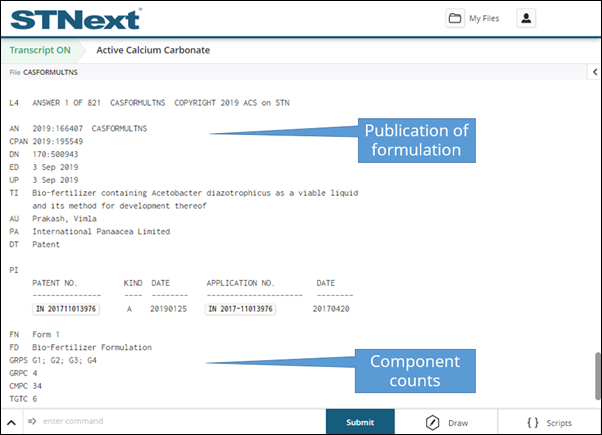 Bibliographic display in STNext Formulations