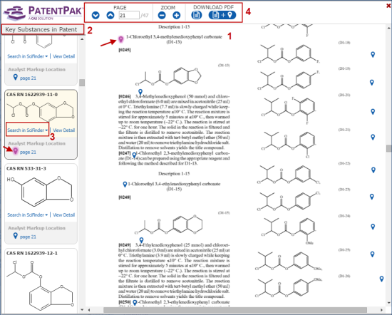 PatentPak 中的交互式专利化学阅读器屏幕截图