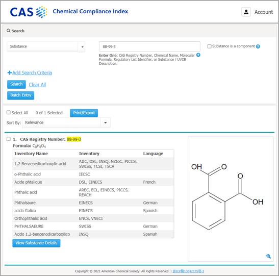 Registro del ácido ftálico en CAS Chemical Compliance Index
