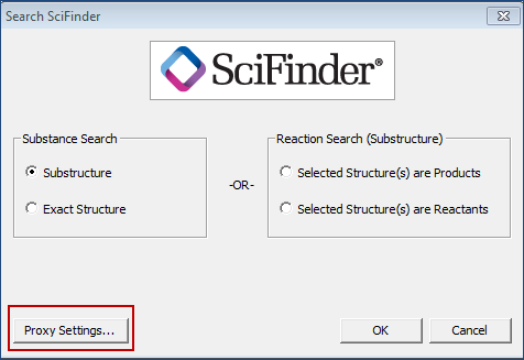 Captura de tela das configurações de proxy do SciFinder no ChemDraw