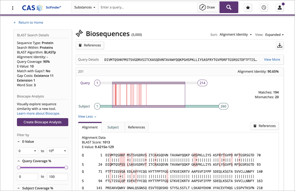 Résultats de la recherche de bioséquences dans SciFinder