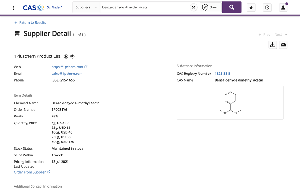 Review the supplier detail page for data on a specific substance