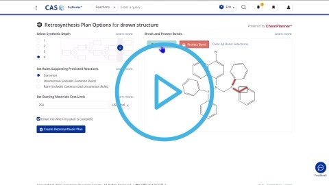 A screenshot of a video tutorial demonstrating how to perform a retrosynthetic analysis use CAS SciFinderⁿ
